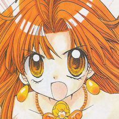 an anime character with orange hair and big eyes, wearing gold necklaces on her neck