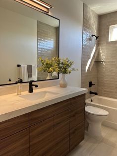 a white toilet sitting next to a bath tub under a bathroom mirror above a sink