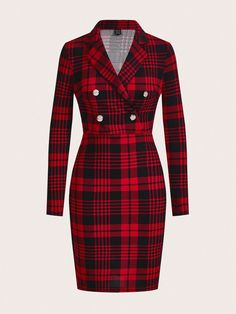 1pc Plaid Print Button Front Bodycon Dress Christmas Multicolor Elegant  Long Sleeve Knitted Fabric Plaid Bodycon Medium Stretch  Women Clothing, size features are:Bust: ,Length: ,Sleeve Length: Fancy Frocks, Ladylike Style, Dress Men, Bodycon Dress Online, Dress Christmas, Estilo Preppy, Women Midi, Plaid Print, Christmas Dress