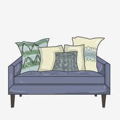 a blue couch with several pillows on it