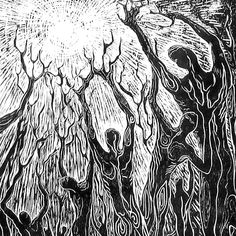 an ink drawing of people standing in front of a tree with the sun shining through it