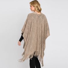 Size : 37.5" X 63" Material : 100% Acrylic Beige Fringe Poncho For Fall, Oversized Shawl Poncho With Tassels, Oversized Fringe Cape Poncho, One Size Poncho With Tassels In Cape Shape, Beige Fringed Poncho Shawl, Beige Fringe Shawl Poncho, Fringe Shawl Cape For Fall, One Size Fringe Shawl Cape, Fall Tassel Shawl In Cape Shape