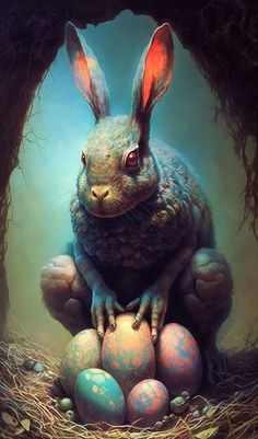 a painting of a rabbit sitting on top of eggs