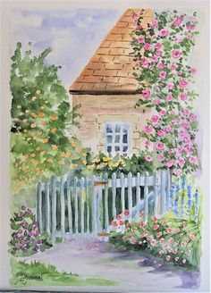 a watercolor painting of a house with flowers on the front yard and fence surrounding it