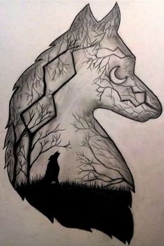 a drawing of a horse with trees and a wolf on it's back side