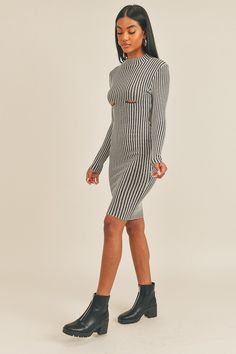 Made In U.S.A S.M.L Midi Dress. Crew Neck. Long Sleeve. Stripe Print 95% Polyester 5% Spandex Black/White WIN Long Sleeve Stripe Print Midi Dress Item Measurements: SIZE:S Measurements: SIZE S Length:" Waist:" Bust:" Classic Midi Dress, Dress Item, Illusion Dress, Print Midi Dress, Midi Length Dress, Printed Midi Dress, Long Sleeve Midi Dress, Dress Size Chart, Midi Dress Bodycon