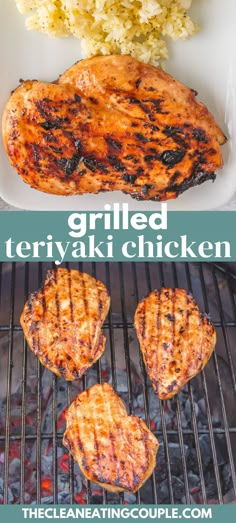 grilled teriyaki chicken on the grill with rice in the background and text overlay that reads grilled teriyaki chicken