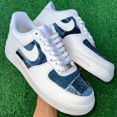 Patched denim fabric on all white AF1's. Sizing Details  Choose size carefully. Air Force 1's run a bit big, so we recommend you get a half size smaller than your usual size. Custom Air Force 1 Fabric, Denim Air Force 1, Urban White Denim Jeans, Urban Style White Denim Jeans, Costume Air Force 1s, Air Force Costume, Nike Shoe Collection, Air Force 1 Collection, Patched Denim