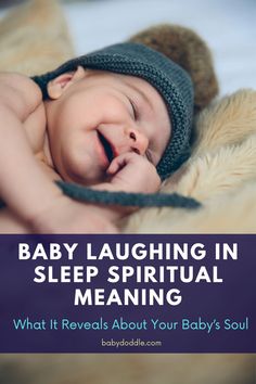 a baby laughing while laying on top of a bed with the words, baby laughing in sleep