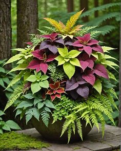 a large potted plant sitting on top of a stone slab in the woods next to trees