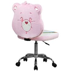 a pink chair with a stuffed animal on it's back and wheels, sitting in front of a white background