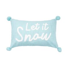 a light blue pillow with white lettering that says let it snow