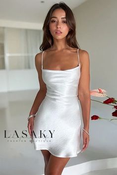 Lasaky - Elegant Backless Halter Neckline Strappy Maxi Dress - Perfect for Sophisticated Parties and Gatherings Short Satin Dress, Dresses 2023 Summer, Backless Dress Summer, Night Club Dress, Satin Short, Dresses 2023, Backless Mini Dress, Mini Dresses For Women, Party Dress Short