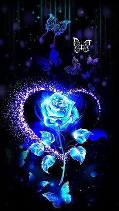 a blue rose with butterflies flying around it