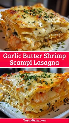 garlic butter shrimp scampp lasagna on a white plate with text overlay