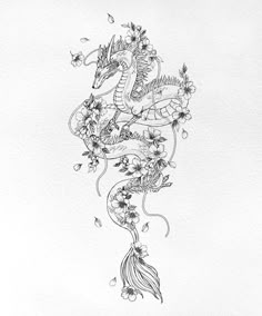 a drawing of a dragon with flowers on it