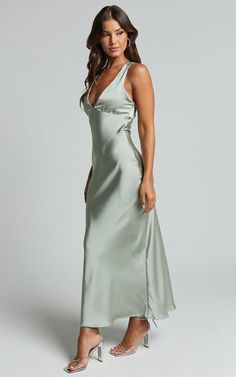 Khalani Midi Dress - Deep V Neck Satin Slip Dress in Sage Florence Wedding, Sage Color, Satin Slip, Satin Slip Dress, Deep V Neck, Deep V, Formal Event, Sage Green, Dress Making