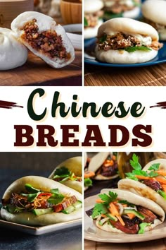 chinese breads with meat, vegetables and sauce on them are shown in this collage