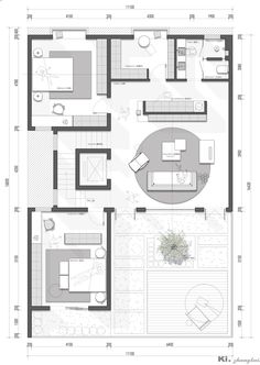 the floor plan for a modern home with two living areas and an open kitchen area