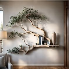 a living room with a book shelf, lamp and tree branch wall hanging on the wall