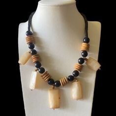 Vintage Shell Stone Wood Beaded Necklace Brown Black Cream Beads 24in | eBay