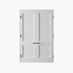 an open white door on a white wall with two black handles and three doors in the middle