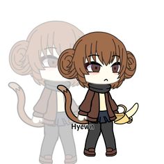 an anime character holding a banana and wearing a brown jacket with her hand up to the side