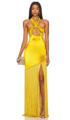 Find BRONX AND BANCO Bali Gown In Yellow on Editorialist. Bronx and Banco Bali Gown in Yellow. - size S (also in L, XL, XS) Bronx and Banco Bali Gown in Yellow. - size S (also in L, XL, XS) Self: 100% polyester Lining: 95% polyester 5% elastane. Made in China. Dry clean only. Unlined. Crossover halterneck strap with hook and eye closure. Hidden back zipper closure. Charmeuse fabric with tonal chainette hem. BROR-WD594. BB-19-076. Launched in 2009, Bronx and Banco encapsulates a sophisticated, ch Marigold Dress, Bronx And Banco, Resort Chic, Charmeuse Fabric, Bold Dresses, Simple Gowns, Formal Fashion, Birthday Wish List, Looks Party