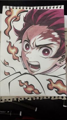 a drawing of an anime character with red hair and pink eyes, holding his mouth open