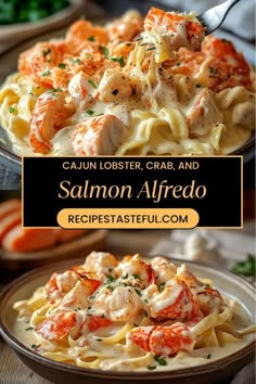 salmon alfredo with lobster and crab in cream sauce