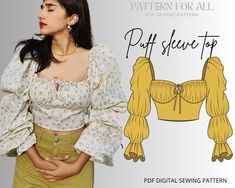 This is a puff sleeve top pattern that has super cool puffy sleeves . this is a digital sewing pattern Pattern Sizes: The pattern includes 9 sizes 00 to 14 US SIZES Puff sleeve top pattern includes 4 PDF files:  ✦Puff sleeve top pattern printable in A4 ✦Puff sleeve top pattern printable in US Letter ✦Puff sleeve top pattern printable in A0  ✦Book Of Instructions include step by step pictures . Pattern Sizes: The pattern includes 9 sizes 00 to 14 US SIZES 1cm/ 0.4 inch Seam allowances already inc Puff Sleeve Pattern Drafting, Sewing Tops For Women Pattern, Puff Sleeve Top Pattern, Pattern Top Sewing, Balloon Sleeves Pattern, Women Sewing, Milkmaid Top, Corset Sewing Pattern, Pattern Printable