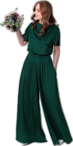 Solid Color Maxi Dress For Wedding Guest, Elegant Green Spring Jumpsuits And Rompers, Elegant Solid Color Summer Jumpsuits And Rompers, Chic Green Evening Jumpsuits And Rompers, Green Summer Evening Jumpsuits And Rompers, Elegant Satin Jumpsuits And Rompers For Summer, Chic Solid Color Satin Jumpsuits And Rompers, Chic Satin Jumpsuits And Rompers In Solid Color, Green V-neck Formal Jumpsuits And Rompers