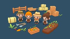 some people are standing in the middle of an animated farm scene with carrots and other vegetables