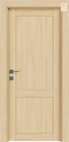 an open wooden door with metal handle on the front and side panels, isolated against a white background