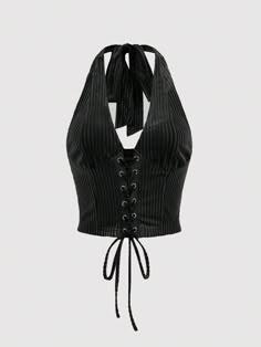 Lace Up Front Halter Top Black Casual   Knitted Fabric Plain Halter Slight Stretch  Women Clothing, size features are:Bust: ,Length: ,Sleeve Length: Womens Halter Tops, Top Halter, Plus Size Tank Tops, Swaggy Outfits, Goth Outfits, Really Cute Outfits, Tank Top Cami, Lookbook Outfits, Black Casual