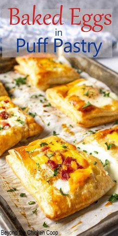 baked eggs in puff pastry on a baking sheet with text overlay that reads baked eggs in puff pastry