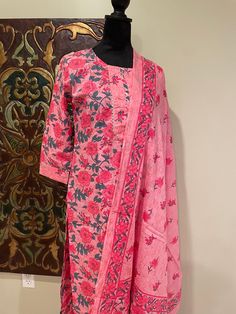 Beautiful Jaipuri  Printed Pure Cotton  Suit with pants n Duppatta.  Top : cotton  Pants : cotton  Duppatta: cotton  Size : 38 medium  Wash Care Gentle hand wash in cold water. Please NOTE :- The Colours might vary slightly (if at all). This is due to the fact that every computer monitor has a different capability to display colours and that everyone sees these colours differently. Also due to Flash light / camera-resolution / Mobile Screen resolution. More Colours and designs available. Pure Cotton Suits, Indian Dress, Pants Cotton, Cotton Suits, Three Piece Suit, Indian Outfit, Indian Cotton, Suit Set, Cotton Pants