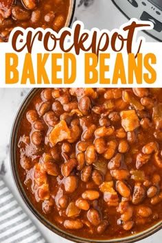 crockpot baked beans in a bowl with text overlay