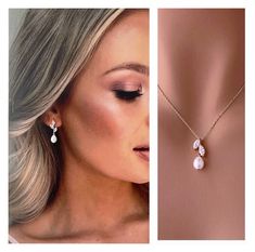 a woman wearing a necklace and earrings with pearls on the bottom, next to an image of