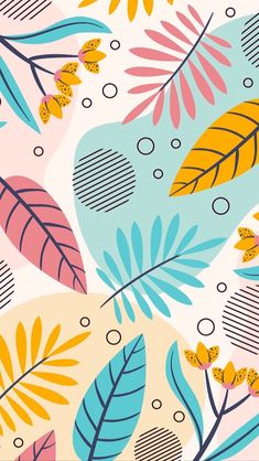 colorful leaves and dots on a white background with blue, yellow, pink and green colors