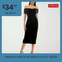 Indulge in luxury with this women's sheath dress by Premier Amour. The plush velvet fabric and refined design create an elegant silhouette. Perfect choice for formal events or romantic evenings.Features: Stretch FabricClosure Type: ZipperNeckline: Straight NeckSleeve Length: Short SleeveSleeve Style: Off Shoulder SleeveApparel Length: 48 InchesDress Length: Knee LengthFiber Content: 95% Polyester, 5% SpandexFabric Description: VelvetLining Material: PolyesterCare: Spot Clean, Line DryMaterial: … Jcpenney Dresses, Sheath Dresses, Womens Sheath Dress, Velvet Shorts, 16 Dresses, Black Sheath Dress, Velvet Fabric, Sheath Dress, Formal Event