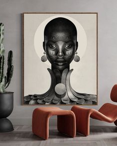 an african woman's face is featured in this black and white photo on the wall