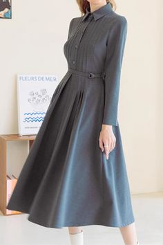 Gray fit and flare shirt dress women 4880 – XiaoLizi Fall A-line Midi Dress For Office, Classic Long Sleeve Midi Dress For Business Casual, Formal Long Sleeve Pleated Shirt Dress, Gray Midi-length Office Dress, Gray Midi Length Office Dress, Gray Midi Length Dress For Office, Gray Midi Office Dress, Fall A-line Midi Dress For Professional Wear, Business Casual Long Sleeve Office Dress