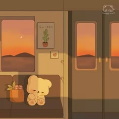 a teddy bear sitting on a couch in front of a window with the sun setting