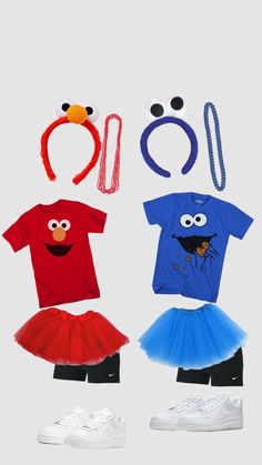 three children's costumes are shown with headbands, shoes and necklaces