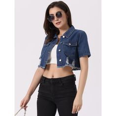 This cropped jean jacket is the perfect addition to your wardrobe! Made of soft and breathable denim material, this versatile piece is perfect for updating your seasonal wardrobe. The frayed hem and distressed details on this cowboy jacket add a unique Western vibe to the overall design, giving you a vintage and stylish look. The regular fit and cropped length make it perfect for many occasions, such as casual outings, weekend gatherings, office, school, shopping, streetwear, outdoor activities, Spring Cropped Denim Top With Pockets, Summer Cropped Denim Blue Jacket, Cropped Denim Blue Denim Jacket For Summer, Cropped Denim Blue Jacket For Summer, Casual Cropped Denim Jacket For Summer, Summer Cropped Medium Wash Outerwear, Summer Cropped Outerwear In Medium Wash, Cropped Dark Wash Denim Jacket For Summer, Summer Cropped Cotton Denim Jacket