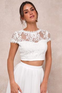 Lovely White Lace Dress - Two-Piece Dress - Lace Maxi Dress - Lulus Fitted Lace Sleeves For Summer, Summer Fitted Lace With Lace Sleeves, Fitted Lace With Lace Sleeves For Summer, Flirty Lace Tops, Fitted Flirty Lace Top, Fitted Scalloped Lace Top For Wedding, Delicate Lace Short Sleeve Top For Summer, Fitted Feminine Lace For Spring, Fitted Feminine Lace Top