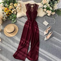 Elegant High Waist Hip Wide Leg Patchwork Lace Hollow Out Sleeveless Jumpsuit | Uniqistic.com Unique Jumpsuits, Trendy Bodysuits, Elegant Rompers, Slim Jumpsuit, High Waisted Wide Leg Pants, Stylish Jumpsuit, High Waist Wide Leg Pants, Designer Jumpsuits, Jumpsuit Elegant