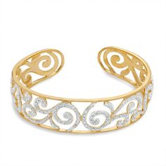 Cultivate a style of tasteful beauty with this exquisitely feminine cuff bracelet, fashioned in sterling silver with warm 18K gold plating. With dainty allure, the scroll design shimmers with two diamond accents and beaded illusion settings as it twists and twirls to create a lovely view. This cuff is 7.25 inches in circumference. Engagement Ring Necklace, Friend Jewelry, Best Friend Jewelry, Bracelet Ring, Scroll Design, Gold Plated Bracelets, Silver Shop, Hand Jewelry, Diamond Bracelets