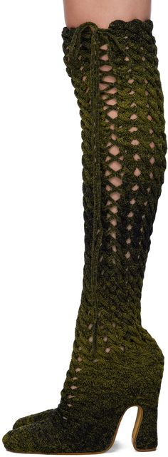 Handcrafted thigh-high cable knit boots in khaki and black. Self-tie lace detailing throughout. · Suede lining · Covered block heel with rubber injection · Leather sole · Heel: H5 in Available exclusively at SSENSE. Supplier color: Military Faerie Clothes, Wallpaper Violet, Isa Boulder, Fabric Boots, Shoes Heels Classy, Knit Boots, Girly Shoes, Zodiac Constellations, Swag Shoes